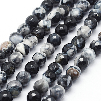 Faceted Natural Fire Crackle Agate Beads Strands, Round, Dyed & Heated, Black, 8mm, Hole: 1mm, about 47pcs/strand, 14 inch(35.6cm)