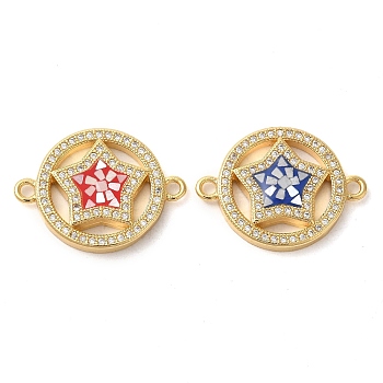 Rack Plating Brass Micro Pave Clear Cubic Zirconia Ring with Star Links Connector Charms, with Enamel & Shell, Real 18K Gold Plated, Long-Lasting Plated, Lead Free & Cadmium Free, Mixed Color, 18x24x4mm, Hole: 2mm