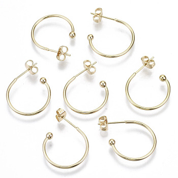 Brass Half Hoop Earrings, Stud Earring, Nickel Free, with Ear Nuts and 925 Sterling Silver Pins, Real 18K Gold Plated, 21~24.6x20~22x3mm, Pin: 0.7mm