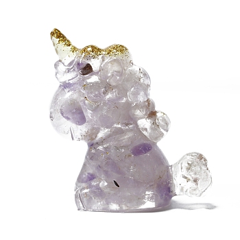 Unicorn Resin Figurines, with Natural Lepidolite Chips inside Statues for Home Office Decorations, 30x45x60mm