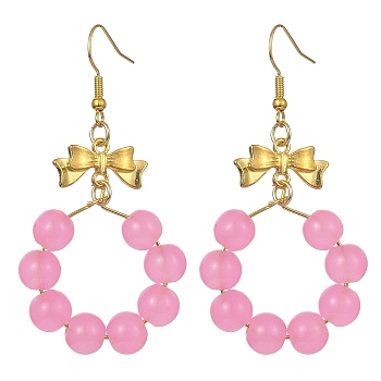 Imitation Jade Glass Beaded Ring Dangle Earrings, Golden Alloy Bowknot Long Drop Earrings, Pearl Pink, 63x32mm