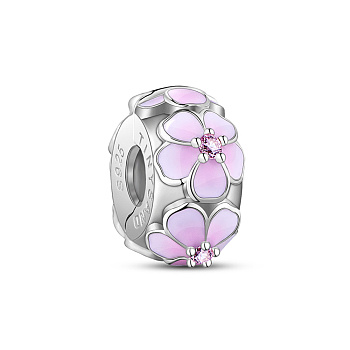 TINYSAND Rhodium Plated 925 Sterling Silver Enamel European Bead, Large Hole Beads, with Cubic Zirconia, Rondelle with Peach Blossom, with 925 Stamp, Platinum, 10.92x10.64x5.64mm, Hole: 3.44mm
