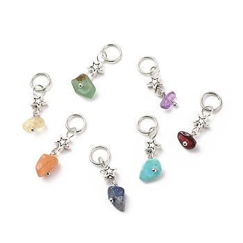 7Pcs 7 Styles Chakra Natural & Synthetic Mixed Stone Chips Alloy Pendants, Natural Green Aventurine & Garnet & Red Aventurine & Lapis Lazuli & Amethyst & Citrine, Synthetic Turquoise, Star Charm, 20mm, Stone: 3~9.5x5~8mm, Star: 6x6x3mm, Hole: 5.6mm, 1pc/style