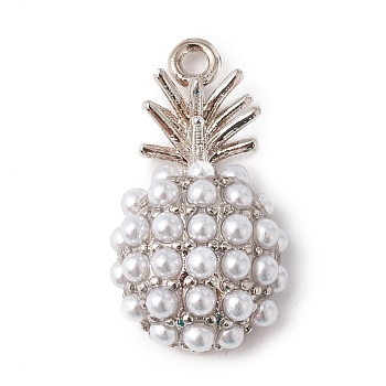 Eco-Friendly Rack Plating Brass Pendants, with Acrylic Imitation Pearl Beads, Long-Lasting Plated, Lead Free & Cadmium Free, Pineapple, Real Platinum Plated, 16.5x9x5mm, Hole: 1mm