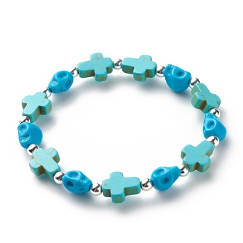 Synthetic Turquoise(Dyed) Cross & Skull Beaded Stretch Bracelet, Halloween Gemstone Jewelry for Kids, Turquoise(Dyed), Inner Diameter: 1-7/8 inch(4.8cm)