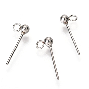 Original Color 304 Stainless Steel Ball Post Stud Earring Findings, with Loop, Stainless Steel Color, 15x6x3mm, Hole: 1.7mm, Pin: 0.5mm