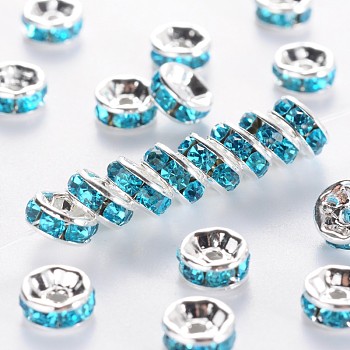 Brass Grade A Rhinestone Spacer Beads, Silver Color Plated, Nickel Free, Aquamarine, 4x2mm, Hole: 0.8mm