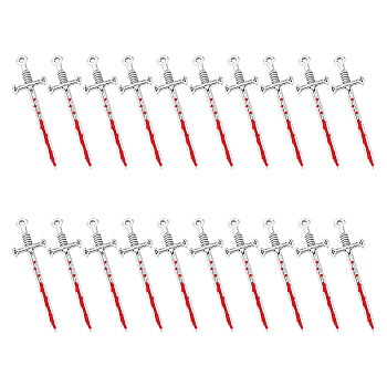 20Pcs Halloween Alloy Enamel Pendants, Antique Silver, Sword Charm, Red, 54.5x16x5mm, Hole: 2mm