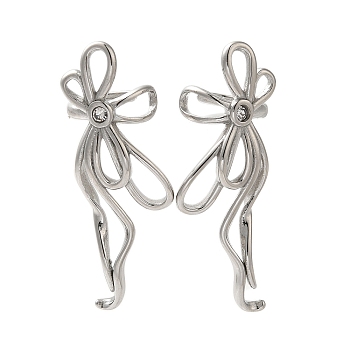 304 Stainless Steel Bowknot Cuff Earrings, with Clear Cubic Zirconia, Stainless Steel Color, 44x18mm