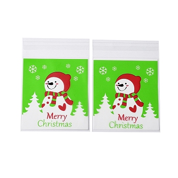 Christmas Theme Plastic Bakeware Bag, with Self-adhesive, for Chocolate, Candy, Cookies, Square, Lawn Green, 130x100x0.2mm, about 100pcs/bag