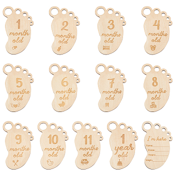 Baby Newborn Announcement Sign, Baby Growth Milestone Sign, Wooden Baby Monthly Milestone Cards, Photographic Prop, Footprint with Index Message & One to Twelve Months, Moccasin, 110x75x3mm, 13pcs/set