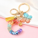 Resin Keychain, with Faux Suede Tassel Pendant & Alloy Clasps & Iron Rings, Letter C, 10cm(KEYC-YW00120-03)