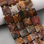 Natural Polychrome Jasper/Picasso Stone/Picasso Jasper Beads Strands, Faceted, Square, with Seed Beads, 10.5x10.5x4.5~5.5mm, Hole: 1mm, about 31pcs/strand, 14.76~15.16''(37.5~38.5cm)(G-F839-A30-01)