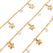Handmade Brass Curb Chains, with Cubic Zirconia charms, Soldered, Spool, Textured, Flower, Real 18K Gold Plated, 3.3x1.5x0.3mm and 2x1.4x0.3mm, about 16.4 Feet(5m)/roll(CHC-S012-043)