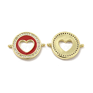 Brass Micro Pave Clear Cubic Zirconia Connector Charms, with Enamel, Flat Round with Heart Links, Real 18K Gold Plated, Red, 14.5x19x2.5mm, Hole: 1mm(KK-E068-VB053-2)