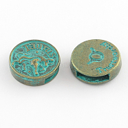 Antique Bronze & Green Patina Plated Flat Round Zinc Alloy Slide Charms, with Constellation/Zodiac Sign, Cadmium Free & Nickel Free & Lead Free, Taurus, 17~18x5mm, Hole: 11x3mm, about 282pcs/1000g(PALLOY-Q307-04-NR)