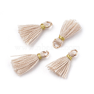 Polycotton(Polyester Cotton) Tassel Pendant Decorations, Mini Tassel, with Iron Findings and Metallic Cord, Light Gold, Antique White, 10~15x2~3mm, Hole: 1.5mm(FIND-S281-25)