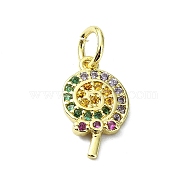 Brass Micro Pave Colorful Cubic Zirconia Pendants, with Jump Ring, Real 18K Gold Plated, Lollipop, 12.5x7.5x1.5mm, Hole: 3mm(KK-H475-24G-02)