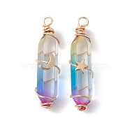2Pcs 2 Style Two Tone Glass Double Terminated Point Beads Pendants Set, Moon & Star Golden Copper Wire Wrapped Charms, Orchid, 38~39x10x18mm, Hole: 3mm, 1Pc/style(PALLOY-JF02538-02)