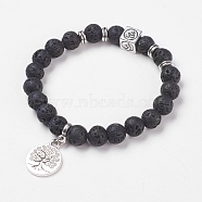 Natural Lava Rock Stretch Bracelets, with Alloy Pendants & Findings, Tree of Life & Om Symbol, Burlap Packing, 2-1/8 inch(5.3cm)(X-BJEW-JB03771-01)