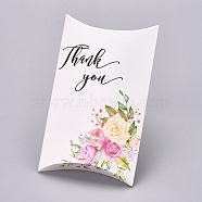 Paper Pillow Boxes, Gift Candy Packing Box, Flower Pattern & Word Thank You, White, Box: 12.5x7.6x1.9cm, Unfold: 14.5x7.9x0.1cm(X-CON-L020-02A)