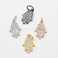 CZ Brass Micro Pave Cubic Zirconia Hamsa Hand/Hand of Fatima /Hand of Miriam Charms, Mixed Color, 16x10x2mm, Hole: 4.5mm(ZIRC-L018-03)