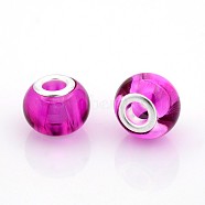 Transparent Glass European Beads, Large Hole Rondelle Beads, with Silver Color Plated Brass Cores, Magenta, 14x11mm, Hole: 5mm(GPDL-J014-03)
