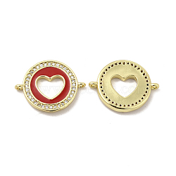 Brass Micro Pave Clear Cubic Zirconia Connector Charms, with Enamel, Flat Round with Heart Links, Real 18K Gold Plated, Red, 14.5x19x2.5mm, Hole: 1mm(KK-E068-VB053-2)