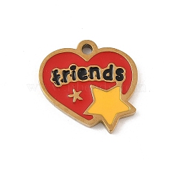 304 Stainless Steel Enamel Charms, Real 18K Gold Plated, Heart with Word Friends & Star Charm, Yellow, 12x12x1mm, Hole: 1.2mm(STAS-P388-19G-G)