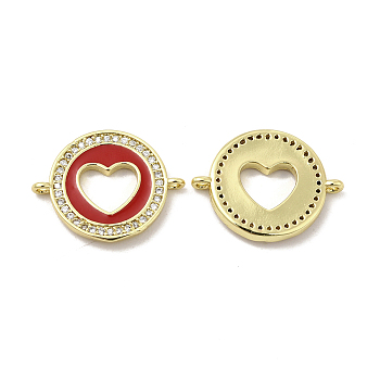 Brass Micro Pave Clear Cubic Zirconia Connector Charms, with Enamel, Flat Round with Heart Links, Real 18K Gold Plated, Red, 14.5x19x2.5mm, Hole: 1mm