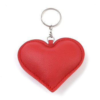 PU Leather Keychain, with Metal Findings, Heart, Red, 9.7cm