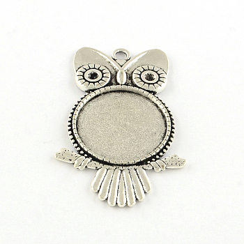 Owl Tibetan Style Alloy Big Pendant Rhinestone & Cabochon Settings, Lead Free, Antique Silver, Tray: 25mm, 54x35x2.5mm, Hole: 3mm, Fit for 2mm rhinestone, about 100pcs/1000g
