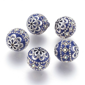 Handmade Indonesia Beads, with Metal Findings, Round, Antique Silver, Royal Blue, 19.5x19mm, Hole: 1mm