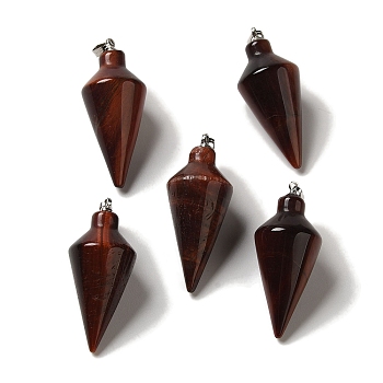 Dyed Natural Red Tiger Eye Pendants, Cone Charms with Rack Plating Platinum Plated Brass Snap on Bails, 36~36.5x15~15.5mm, Hole: 5~6.5x2mm