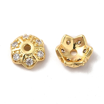 Brass Micro Pave Cubic Zirconia Bead Cap, 6-Petal Flower, Real 18K Gold Plated, 8x7x3mm, Hole: 1.4mm