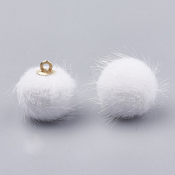 Faux Mink Fur Covered Pendants, with Brass Findings, Round, Golden, White, 16.5~17x15~16mm, Hole: 1mm