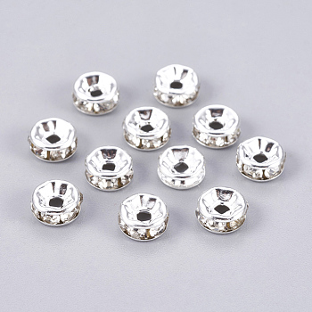 Brass Rhinestone, for Jewelry Craft Making Findings, Grade A, Rondelle, Silver Color Plated, Size: about 6mm in diameter, 3mm thick, hole: 1.5mm