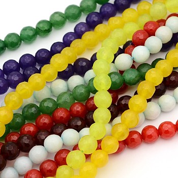 Gemstone Beads Strand, White Jade, Natural, Faceted Round, Dyed, Mixed Color, about 8mm in diameter, hole: 0.8mm, 48 pcs/strand, 15 inch