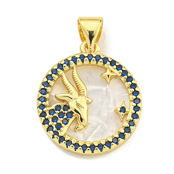Brass Micro Pave Clear Cubic Zirconia Pendants, with Shell, Real 18K Gold Plated, Capricorn, 19x16.8x3mm, Hole: 4x3.5mm