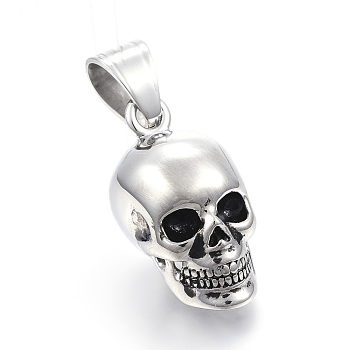 316 Surgical Stainless Steel Pendants, Skull, Antique Silver, 29x15x18mm, Hole: 7x10mm