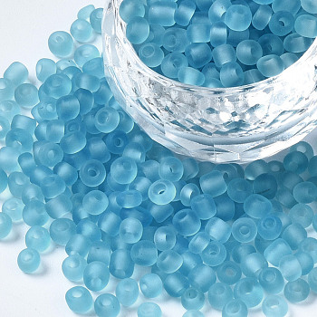 Glass Seed Beads, Frosted Colors, Transparent, Round, Sky Blue, Size: 6/0, about 4mm in diameter, hole:1.5mm