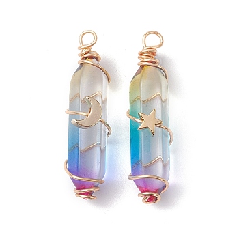 2Pcs 2 Style Two Tone Glass Double Terminated Point Beads Pendants Set, Moon & Star Golden Copper Wire Wrapped Charms, Orchid, 38~39x10x18mm, Hole: 3mm, 1Pc/style