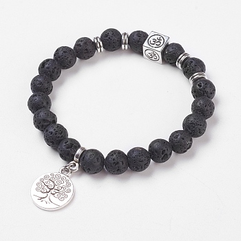 Natural Lava Rock Stretch Bracelets, with Alloy Pendants & Findings, Tree of Life & Om Symbol, Burlap Packing, 2-1/8 inch(5.3cm)
