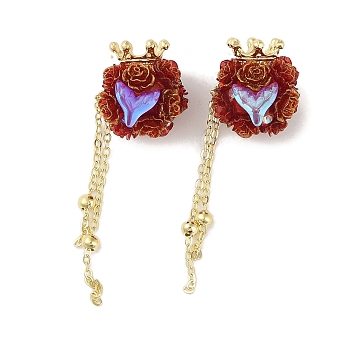 Polymer Clay Rhinestone Beads, with Glitter, Resin & Acrylic & Glass Cabochon & Alloy Chain, Rose with Crown & Fishtail, Dark Red, 60~69mm