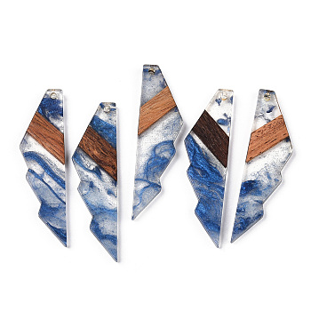 Transparent Resin & Walnut Wood Big Pendants, Jagged Shape Charms, Royal Blue, 53x14x3mm, Hole: 2mm