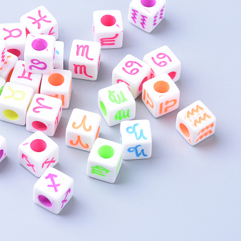 Craft Acrylic European Beads, Large Hole Cube Beads, with Constellation/Zodiac Sign, Mixed Color, 7x7x7mm, Hole: 4mm