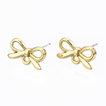 Alloy Stud Earring Findings, with Loop and Steel Pin, Bowknot, Cadmium Free & Lead Free, Light Gold, 8x14mm, Hole: 1.4mm, Pin: 0.7mm