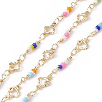 Handmade Eco-friendly Brass Heart Link Chain, with Cubic Zirconia & Glass Seed Beaded, Real 18K Gold Plated, Lead Free & Cadmium Free, Soldered, with Spool, Colorful, 9x6x2mm, 13x3mm