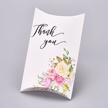 Paper Pillow Boxes, Gift Candy Packing Box, Flower Pattern & Word Thank You, White, Box: 12.5x7.6x1.9cm, Unfold: 14.5x7.9x0.1cm