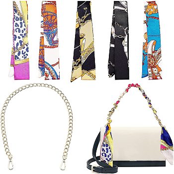 1Pcs Iron Bag Handles, with Swivel Clasps and 5Pcs 5 Colors Satin Decorate Scarf Necklaces, for Bag Straps Replacement Accessories, Light Gold, Mixed Color, 56cm